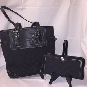 A Set of Black Coach Handbag & Matching Wallet